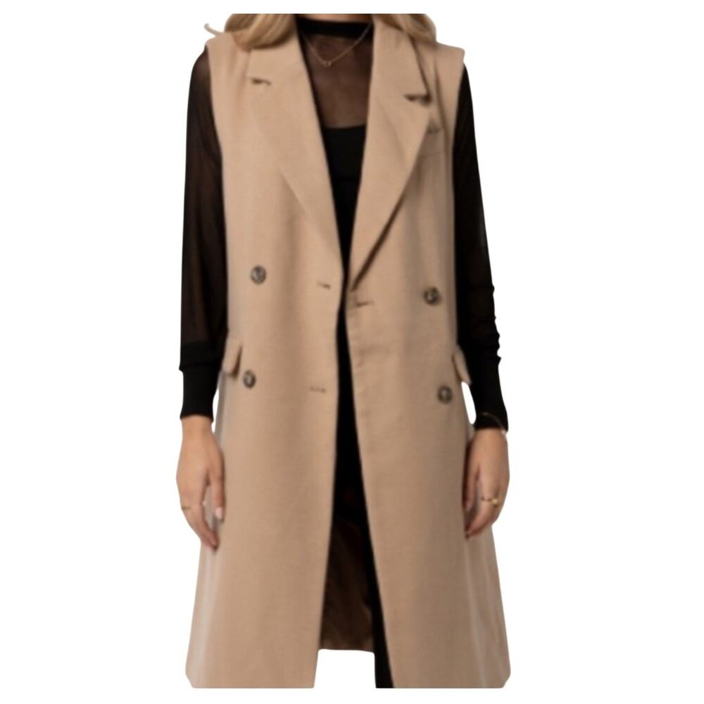 Bagatelle Collection Vest Womens Medium Beige Trench Coat Sleeveless Longline
